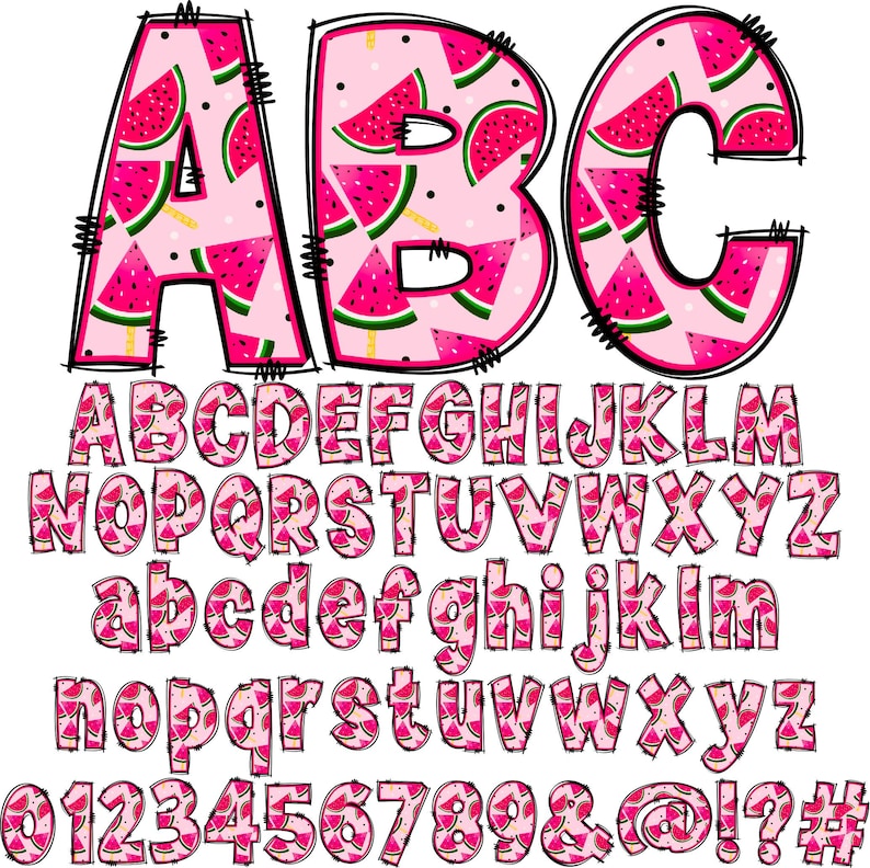 May include: Watermelon themed alphabet with uppercase and lowercase letters, numbers, and symbols. The letters are pink with a watermelon pattern and black outlines.