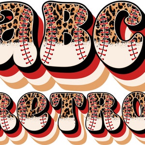Puede incluir: Letras ABC de estilo retro con estampado de leopardo y costuras de béisbol. Las letras están en un esquema de color blanco, rojo y negro.