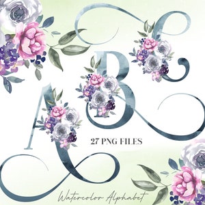 Aquarel bloemen alfabet PNG, blauw grijs roze bloemen alfabet, transparante PNG, bloem letters, botanische alfabet, sublimatie 4WB