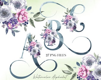 Watercolor Flowers Alphabet PNG, Blue Gray Pink Floral Alphabet, Transparent PNG, Flower Letters, Botanical Alphabet, Sublimation 4WB