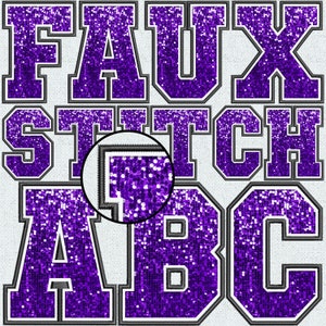 Letras de lentejuelas moradas con bordado falso, parche de lentejuelas falsas, letras de lentejuelas falsas, garabato alfa, universidad, PNG alfa cosido, puntada falsa, 4FS