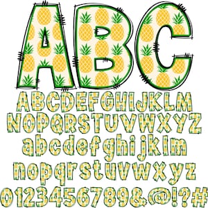 May include: A colorful alphabet with uppercase and lowercase letters, numbers, and symbols. Each letter is filled with a pattern of yellow pineapples with green leaves on a white background.