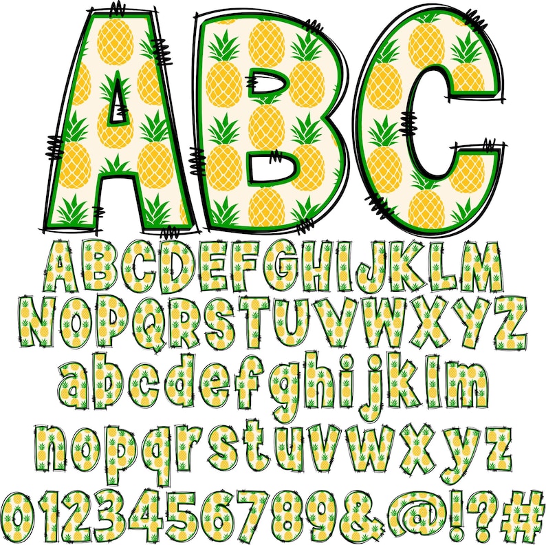 May include: A colorful alphabet with uppercase and lowercase letters, numbers, and symbols. Each letter is filled with a pattern of yellow pineapples with green leaves on a white background.