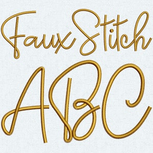May include: Faux Stitch ABC embroidery font design. The letters A, B, and C are in a gold thread on a white background.