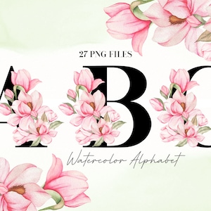 Aquarell Blumen Alphabet PNG, schwarz zart rosa Floral Alphabet Clip Art, transparentes PNG, florale Großbuchstaben, botanisches Alphabet 13W
