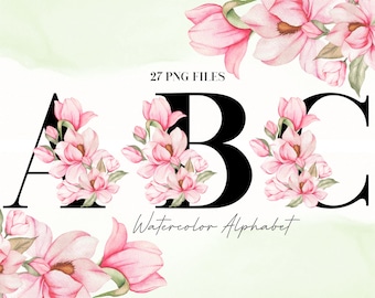 Watercolor Flowers Alphabet PNG, Black Soft Pink Floral Alphabet Clip Art, Transparent PNG, Floral Uppercase Letters, Botanical Alphabet 13W
