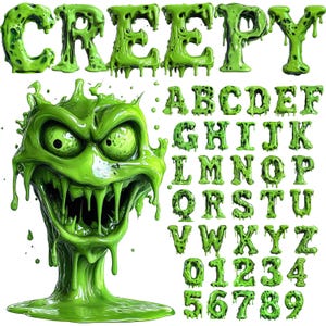 Alfabeto espeluznante de Halloween PNG, alfabeto de limo, clip art PNG transparente, letras pegajosas de Halloween, alfabeto de brujas en mayúsculas, letra verde 49GR