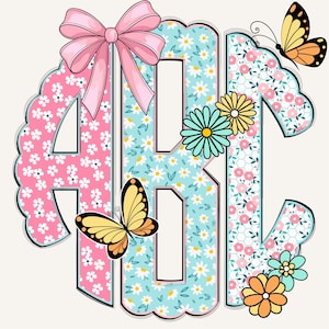 Monograma festoneado de círculo primaveral PNG, monograma preppy, monograma festoneado, monograma coqueto, flores, monograma floral, monograma de paquete 3CS