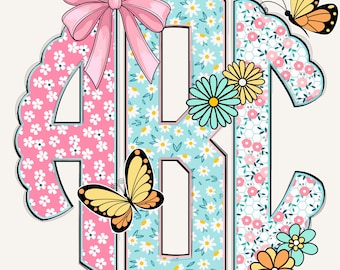 Spring Circle Scalloped Monogram PNG, Preppy Monogram, Scalloped Monogram, Coquette Monogram, Flowers, Floral Monogram, Bundle Monogram 3CS