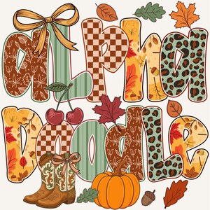 May include: A colorful graphic design with the words "Autumn Doodle" in various patterns and textures. The design includes fall-themed elements like leaves, a pumpkin, cowboy boots, and cherries, all set against a white background.