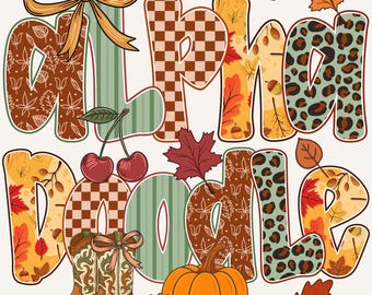 May include: A colorful graphic design with the words "Autumn Doodle" in various patterns and textures. The design includes fall-themed elements like leaves, a pumpkin, cowboy boots, and cherries, all set against a white background.
