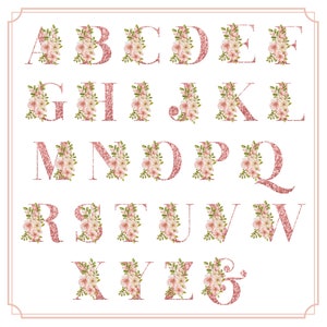 Pu&ograve; includere: Un alfabeto di glitter rosa con accenti floreali. Ogni lettera &egrave; decorata con fiori rosa e bianchi e foglie verdi.