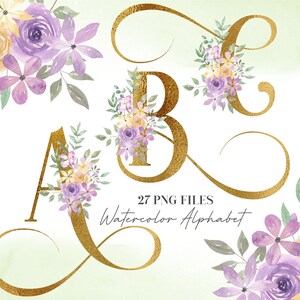 Alfabeto de flores de acuarela PNG, alfabeto floral lila dorado, alfabeto dorado, letras mayúsculas florales, alfabeto botánico morado 12WB