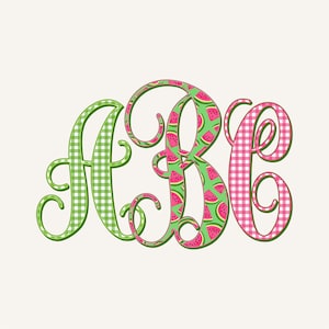 Könnte beinhalten: Ein dekoratives Monogramm mit den Buchstaben "ABC" in einer verspielten, kursiven Schriftart. Der Buchstabe "A" ist grün-kariert, "B" ist grün mit Wassermelonenscheiben und "C" ist rosa-kariert. Das Design ist vor einem cremefarbenen Hintergrund.