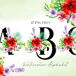 Watercolor Flowers Alphabet PNG, Tropical Floral Alphabet Clip Art, Flower Letters, Red Hibiscus Uppercase Letters, Botanical Uppercase 7WB