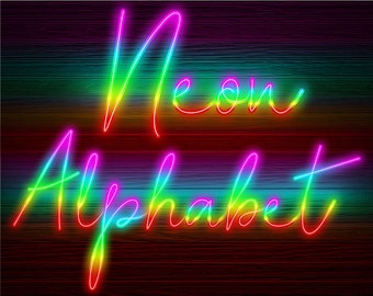 Neon Glow Effect Alphabet PNG Clip Art Letters Script Font Instant Download Files Multicolor Transparent Background, Neon Multicolor 4N