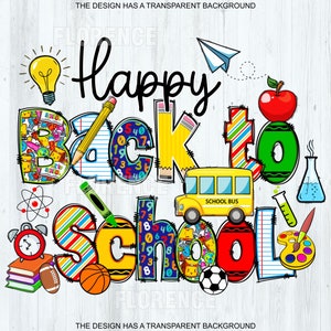 Könnte beinhalten: Bunt illustrierte Darstellung der Worte "Happy Back to School" mit verschiedenen schulbezogenen Symbolen und Objekten, darunter eine Glühbirne, ein Bleistift, ein Apfel, ein Schulbus und ein Fußball.