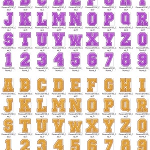 May include: A set of purple and gold felt letter and number patches. The letters are uppercase and the numbers are in a bold font. The patches are all outlined in white.