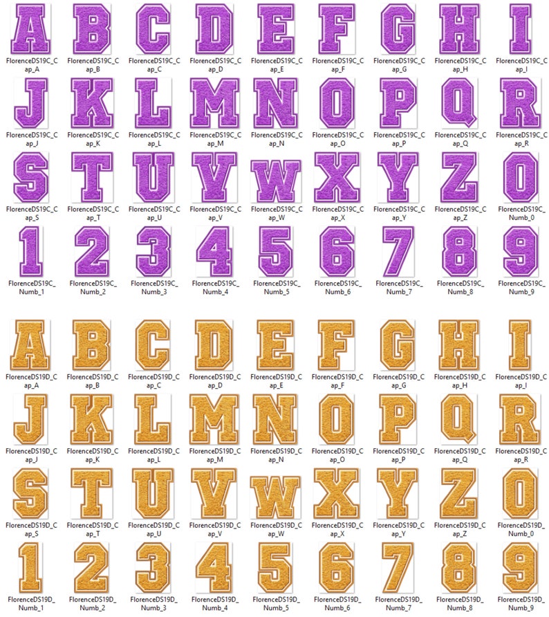 May include: A set of purple and gold felt letter and number patches. The letters are uppercase and the numbers are in a bold font. The patches are all outlined in white.