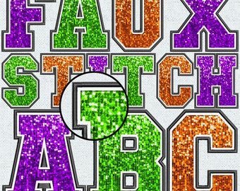 Faux Embroidery Sequin Letters BUNDLE, Faux Sequin Patch, Faux Sequin Letters, Alpha Doodle, College, Stitched Alpha PNG, Faux Stitch, 1FS