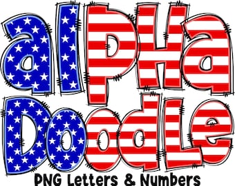 Patriotic Doodle Letters Alphabet PNG, 4th of July, Independence Day, US Flag Letters, Transparent PNG, Red White Blue Patriotic, 13AP