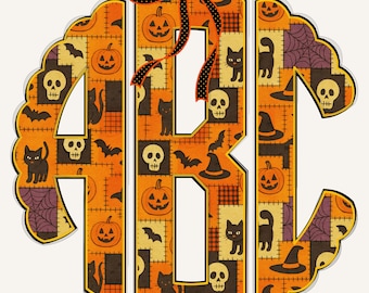 Patchwork Halloween Scalloped Monogram PNG, Cottagecore Coquette, Quilted Print, Retro patchwork, Shabby chic PNG, Retro Halloween 51CS