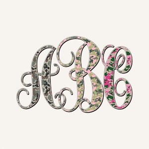 Puede incluir: Un diseño de monograma con las letras "ABC" en una fuente decorativa. Cada letra está rellena con un patrón de camuflaje en tonos verdes, rosas y marrones, sobre un fondo crema.