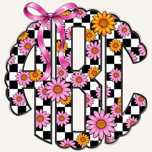 May include: A decorative monogram design featuring the letters ARB in a black and white checkered pattern. Pink and orange daisies are scattered throughout the letters. A pink bow is at the top of the design.