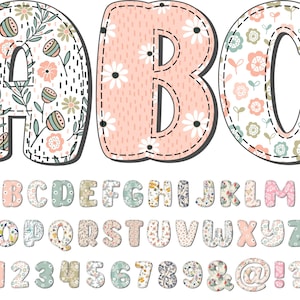 Alfabeto floral de primavera de apliques falsos PNG, Doodle Alpha, Flores de Doodle, Doodle, Letras de primavera, Sublimación, Paquete Alfa, Alfabeto 7DX