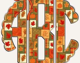 Patchwork Fall Scalloped Monogram PNG, Cottagecore Coquette, Quilted Print, Vintage patchwork, Shabby chic PNG, Fall Monogram, Quilt 49CS