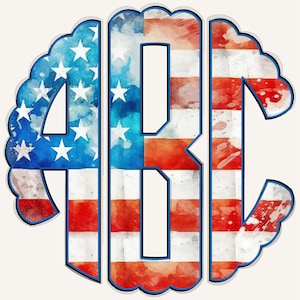 May include: A patriotic monogram design featuring the letters ABC in a stylized font. The letters are filled with a watercolour effect of the American flag, including stars and stripes in red, white, and blue. The design has a scalloped border.