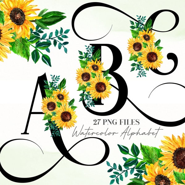 Aquarell Blumen Alphabet PNG, schwarze Buchstaben Gelb Blumen Clip Art, transparentes PNG, Sonnenblumen Großbuchstaben, Sonnenblumen 19WB