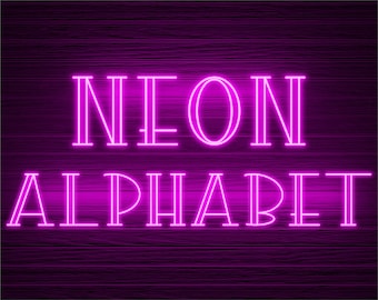 May include: Neon sign with the words "NEON ALPHABET" in a pink color against a dark wood background.