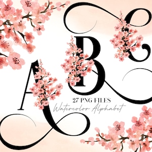Aquarel bloemen alfabet png, zwarte zalm roze bloemen alfabet illustraties, transparante png, bloemen letters, sakura kersenbloesem 22WB