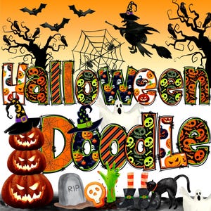 May include: Halloween Doodle graphic with orange, black, and green colors. The graphic features a witch, pumpkins, ghosts, and a spider web. The text "Halloween Doodle" is in a bold, black font.