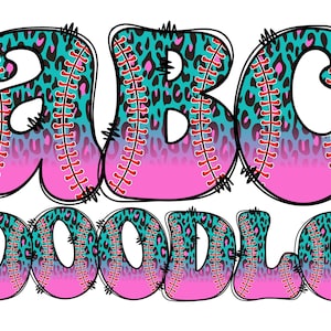 Baseball Letters PNG Leopard, Doodle Alpha, Pink Turquoise, Stitching Background Pattern Fills, Alpha Doodle, Sublimation, PNG Doodle 68E
