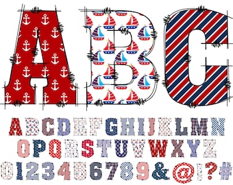 Nautical Alphabet PNG, Doodle Alphabet Clip Art, Transparent PNG, Doodle Letters Numbers Marine Letters, Kids, Red, Blue 29D
