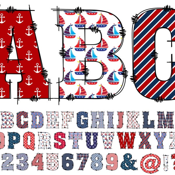 Nautical Alphabet PNG, Doodle Alphabet Clip Art, Transparent PNG, Doodle Letters Numbers Marine Letters, Kids, Red, Blue 29D