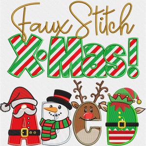 Paquete navideño con bordado falso, alfabeto navideño PNG, letras con puntadas falsas, garabato alfa, PNG alfa cosido, Navidad, Papá Noel 39ED