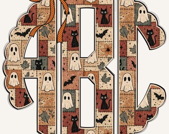 Patchwork Halloween Scalloped Monogram PNG, Cottagecore Coquette, Quilted Print, Vintage patchwork, Shabby chic PNG, Retro Halloween 50CS