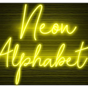 Neon Glow-Effekt Alphabet PNG Clip Art Buchstaben Skriptschriftart Sofortiger Download Dateien Gelber transparenter Hintergrund, Neongelb 4N