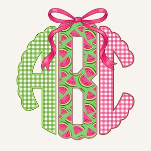 May include: A decorative monogram featuring the letters "ABC" in a playful design. The letter "B" is filled with watermelon slices on a green background. The letters "A" and "C" have a gingham pattern in green and pink, respectively. A pink ribbon tops the design.