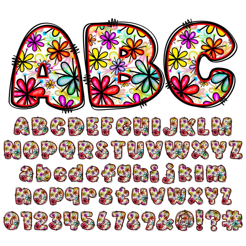 BUNDLE Spring Floral Alphabet PNG, Chubby Alpha Doodle, Doodle Flowers ...