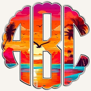 May include: A monogram design featuring the letters A, B, and C. The letters are set against a sunset scene with palm trees, a beach, and the ocean. The colors are vibrant and include shades of orange, pink, and blue.
