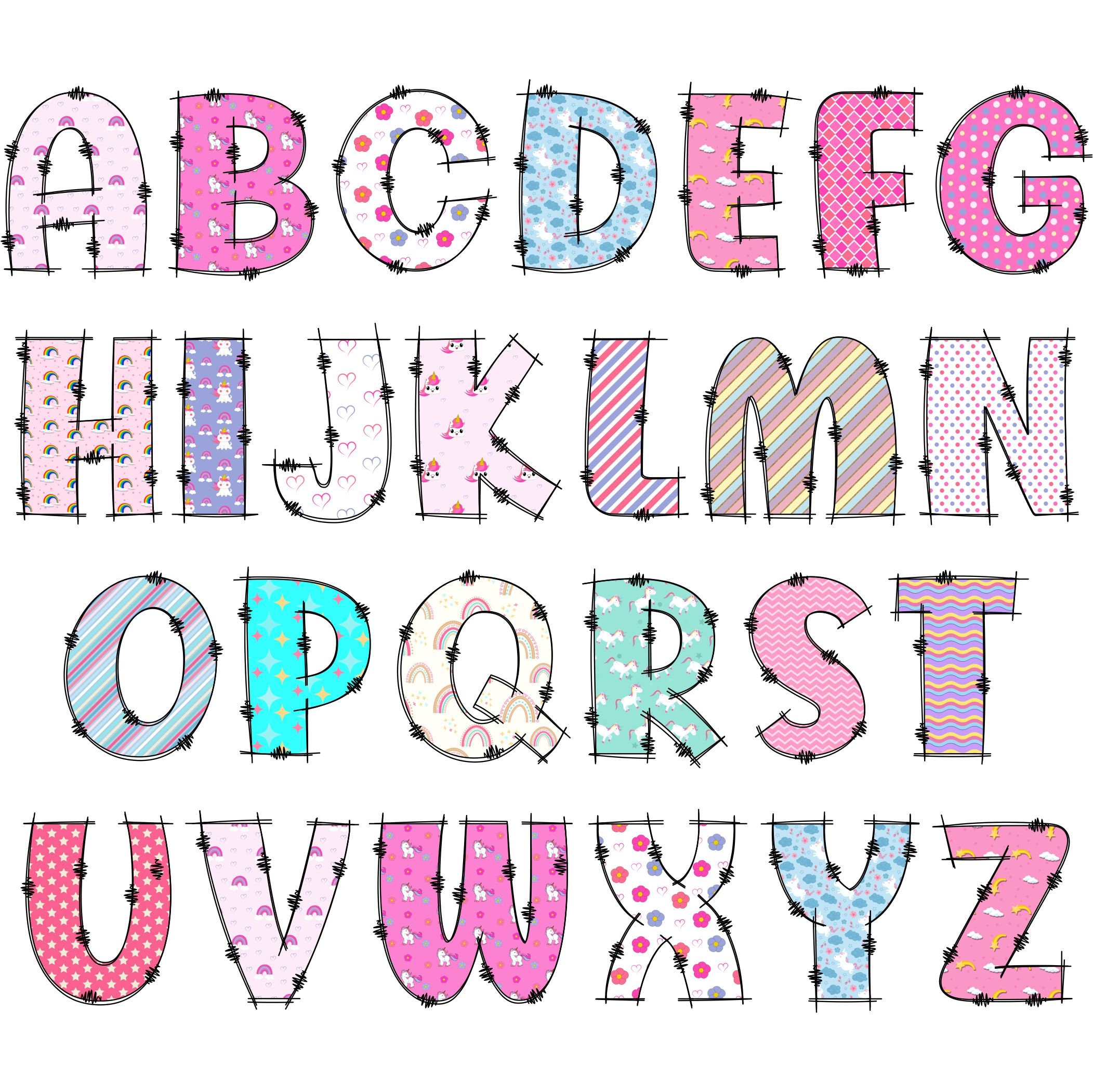 Unicorn Letters PNG Doodle Alphabet Clip Art Transparent - Etsy