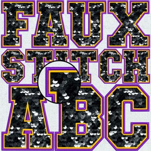 Faux Embroidery Sequin Letters BUNDLE, Faux Sequin Patch, Faux Sequin Letters, Black Sequin, Purple, Stitched Alpha PNG, Faux Stitch, 44FS