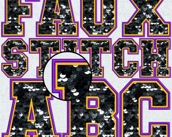 Faux Embroidery Sequin Letters BUNDLE, Faux Sequin Patch, Faux Sequin Letters, Black Sequin, Purple, Stitched Alpha PNG, Faux Stitch, 44FS