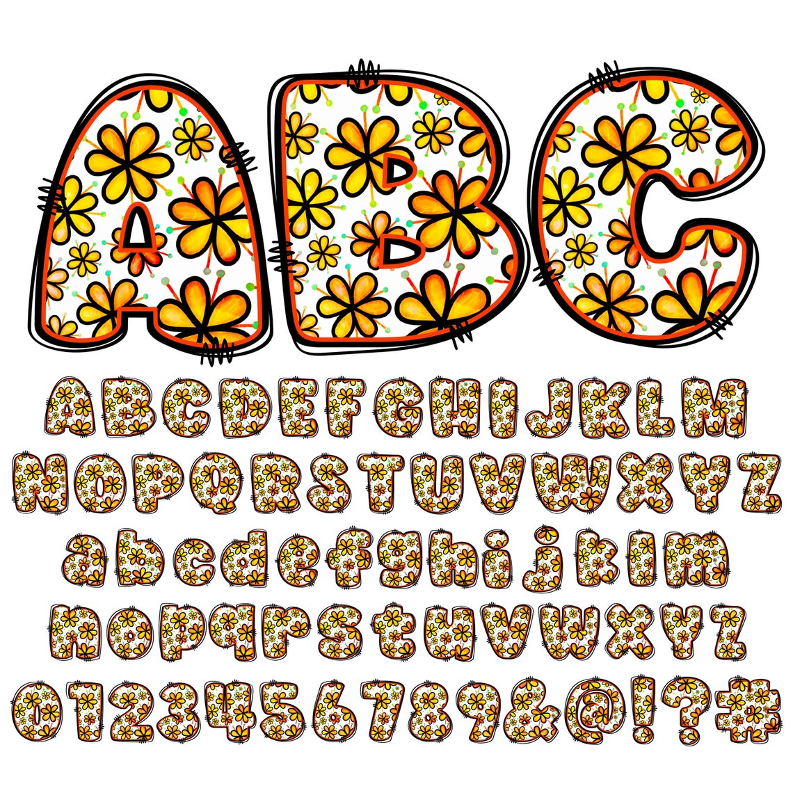 BUNDLE Spring Floral Alphabet PNG, Chubby Alpha Doodle, Doodle Flowers ...