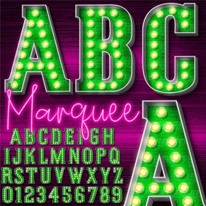 May include: A green and silver marquee alphabet with light bulbs. The letters are in a bold, blocky font. The word "Marquee" is written in pink neon script above the alphabet. The letters A, B, and C are highlighted in larger size.