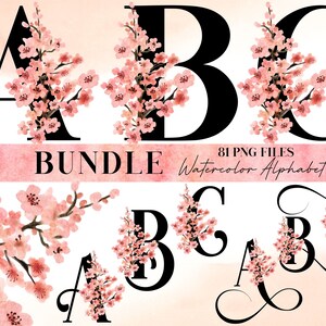 Alfabeto de flores de acuarela PNG, alfabeto de letras negras, PNG transparente, letras mayúsculas florales, flor de cerezo rosa 22WB